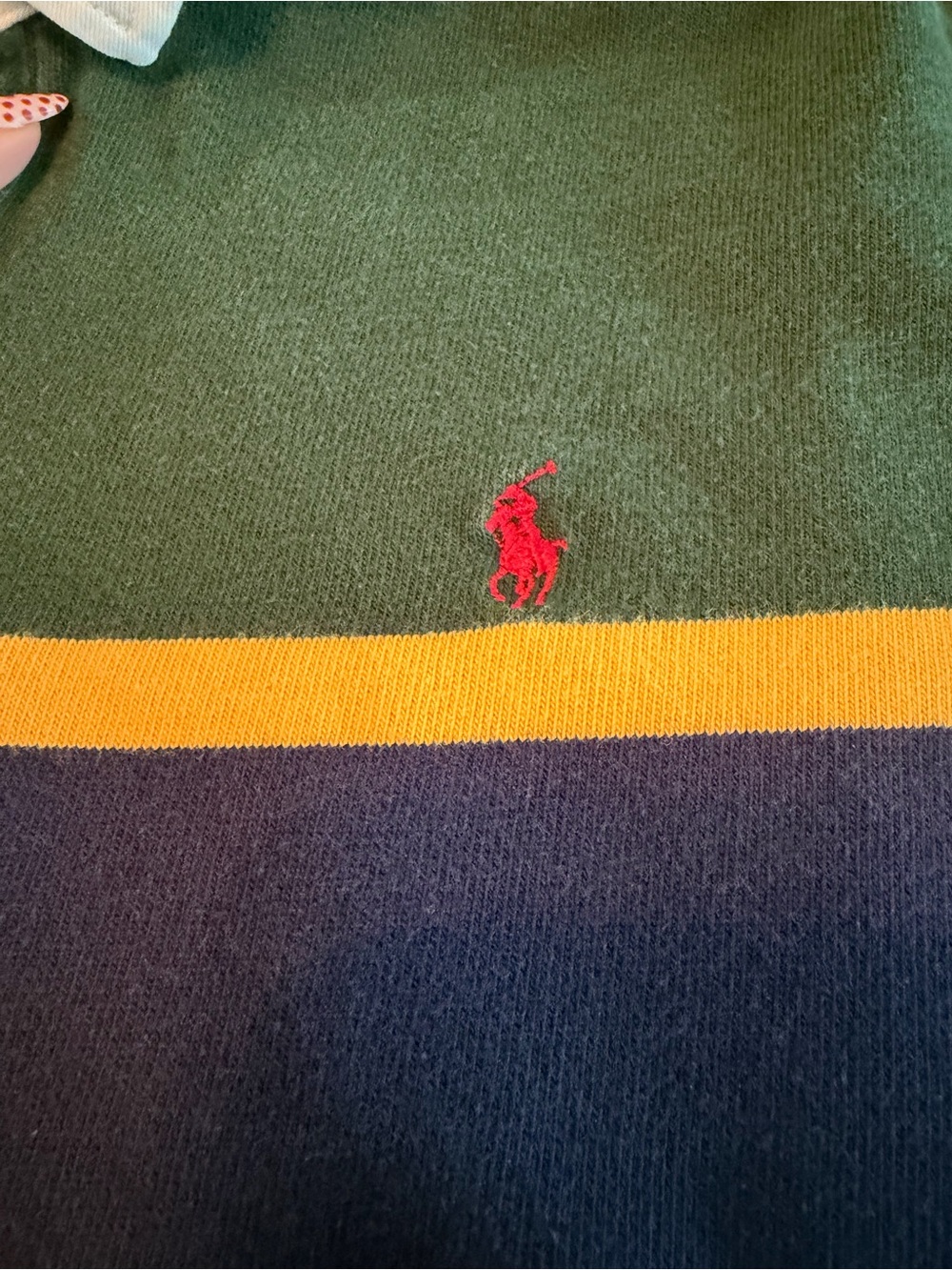Vintage Polo Ralph Lauren Green Rugby Shirt with Navy & Yellow Stripes - Picture 4 of 5